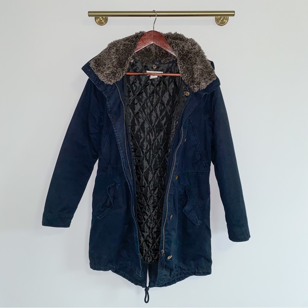 H&M L.O.GG. Navy Blue Parka Double Lined Quilted Removable Hoodie Collar